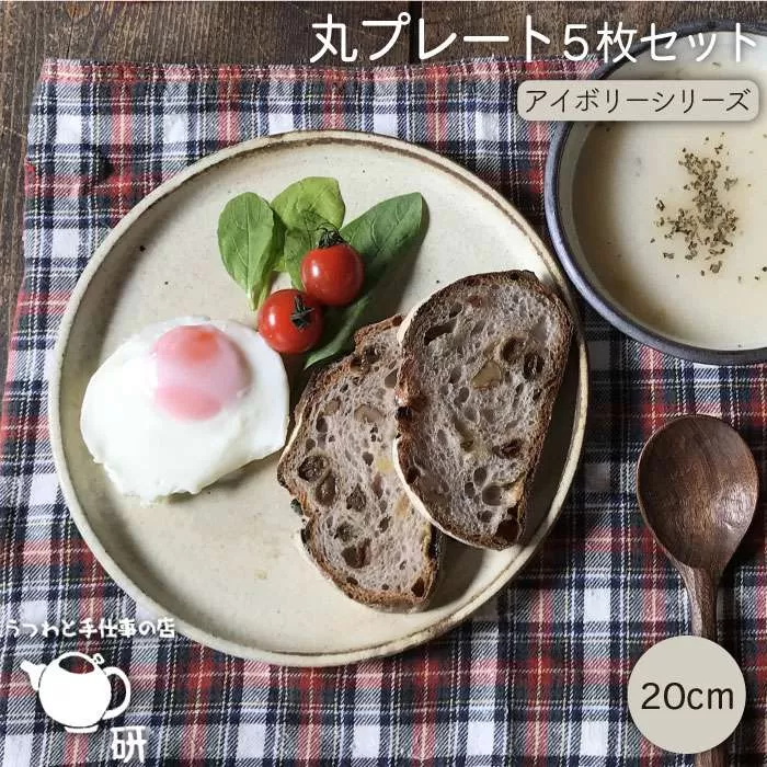【 受注生産 】 20cm 丸 プレート 5枚 セット アイボリー アイアンブラック シリーズ 糸島市 / うつわと手仕事の店 研　器 陶器 食器 クラフト 手作り [ARD008]