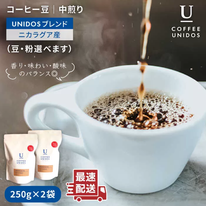 中煎り コーヒー 豆 ウニドスブレンド 250g × 2袋 （ 豆 ・ 粉 選べます ）《糸島》 【COFFEE UNIDOS】 [AQF012]