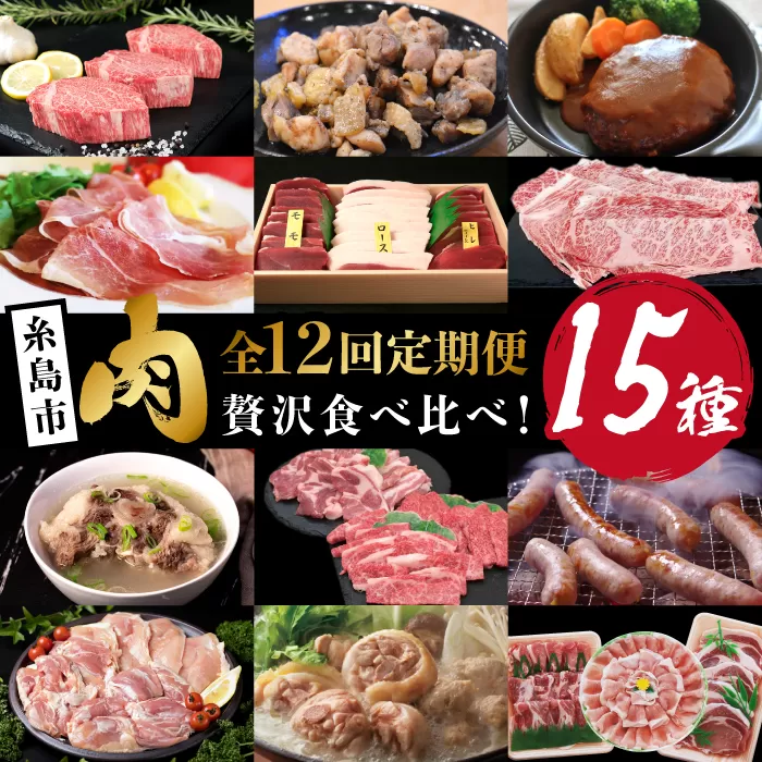 [全12回定期便]肉のお楽しみ定期便 食べ比べ セット ( 博多和牛 糸島和牛 糸島豚 はかた地どり イノシシ ウインナー シャトーブリアン ステーキ ハム ソーセージ ハンバーグ ) 糸島市 [AAH009] 地鶏 モモ ムネ ハンバーグ ジビエ 肩ロース 焼肉 水炊き お肉 牛肉 豚肉