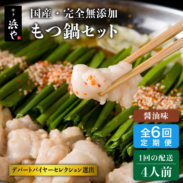 【全6回定期便】国産 ・ 完全 無添加 もつ鍋 セット ×2 ( 約 4人前 ) しょうゆ味 糸島市 / 博多 浜や [AFF015]