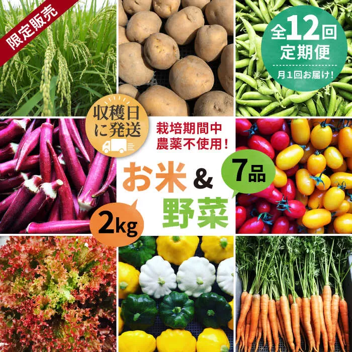【全12回定期便】【☆畑直送☆限定販売！栽培期間中農薬不使用！】お 米 2kg & 野菜 7品 の セット 糸島市 / オーガニックナガミツファーム [AGE038]