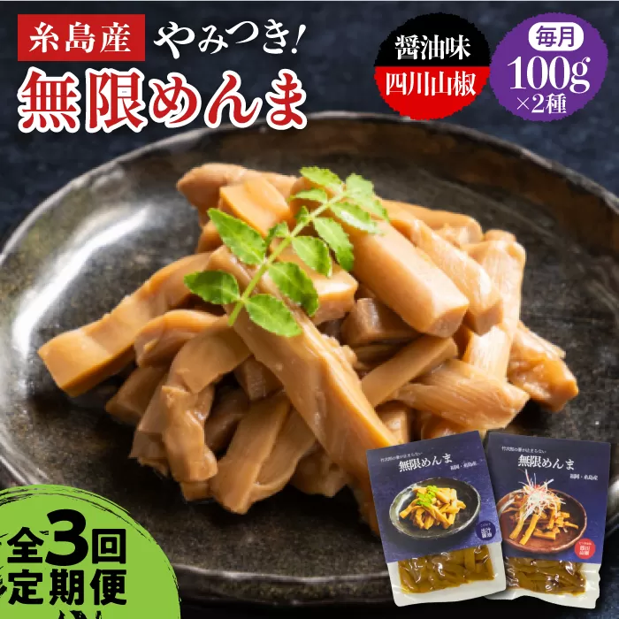 [全3回定期便][国産]無限 めんま 100g × 2種 食べ比べ セット ( 醤油味 / 四川山椒味 ) メンマ 糸島市 / 株式会社竹次郎 [AWJ008] メンマ 一品 おかず おつまみ ラーメン 発酵食品