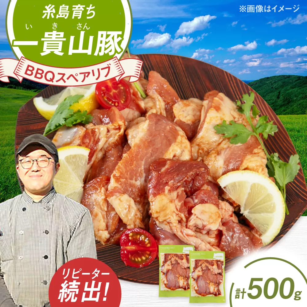 一貴山豚 BBQスペアリブ 計500g(250g×2p) 糸島市 / いきさん牧場 豚肉 [AGB048] 豚肉 豚 ブランド豚 一貴山豚 ポーク スペアリブ 肉 国産 味付け BBQ