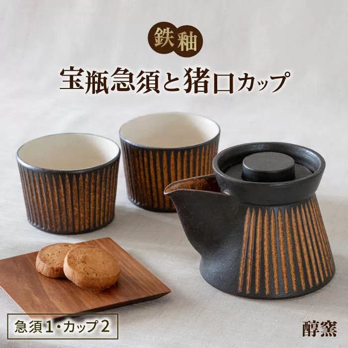 鉄釉 宝瓶急須と猪口カップ 2個セット 糸島市 / 醇窯 セット カップ [AOE010]
