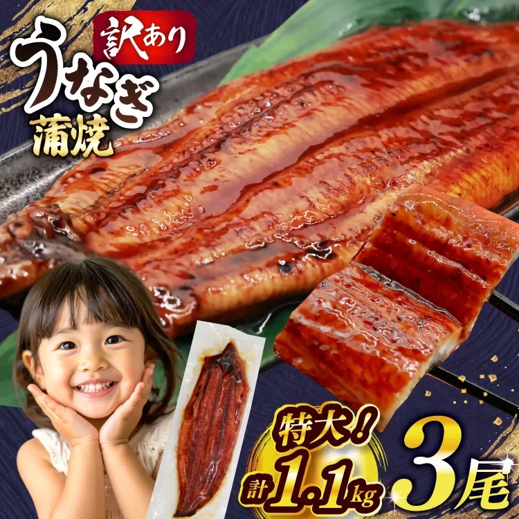 うなぎ 蒲焼 特大サイズ 肉厚 約 1.1kg 3尾 タレ・山椒付 茶葉蒸し [大黒物産 福岡県 宇美町 um40bak830001] 鰻 ウナギ 小分け うなぎ蒲焼 鰻蒲焼き 訳あり 蒲焼き かば焼き 茶葉蒸しうなぎ 真空パック 個包装 冷凍 unagi