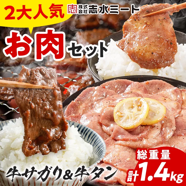 2大人気 お肉セット 肉 牛肉 牛サガリ 牛タン さがり ハラミ 牛たん 2種セット 牛サガリ400g×2／牛タン300g×2 計1.4kg 味付け肉 希少部位 旨だれ 味付け 焼き肉 焼肉 BBQ 甘口 塩レモン スライス アウトドア タン元 タン中 バーベキュー