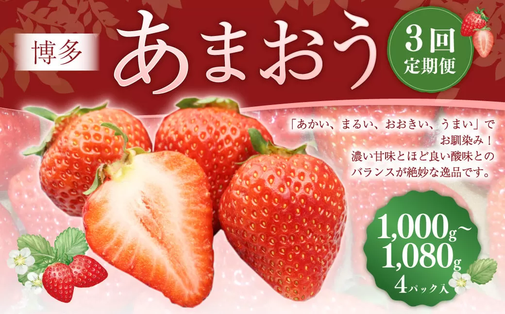 【3回定期便】 博多 あまおう （250g-270g）×4パック いちご 苺 イチゴ あまおう フルーツ 果物 くだもの 定期 福岡県 岡垣町 【2026年2月上旬-4月下旬発送予定】