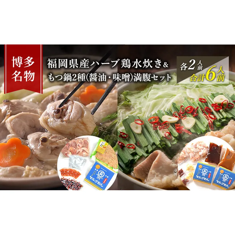 水炊き もつ鍋 ( 醤油 みそ 味2種 ) 食べ比べ セット 各2人前 合計6人前 博多名物 鶏水炊き&モツ鍋 満腹 鍋 牛肉 鶏肉 大刀洗 配送不可：離島