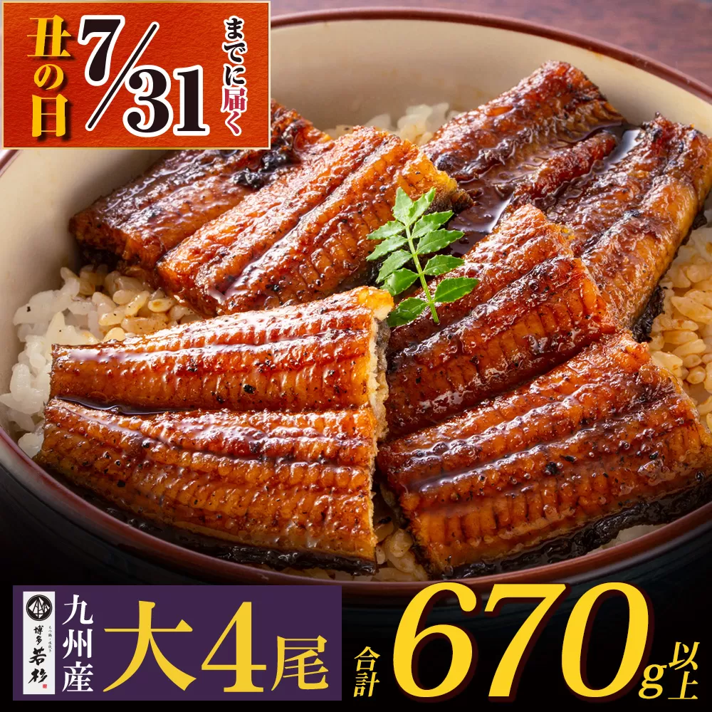 【7/31までにお届け】国産うなぎ蒲焼大サイズ4尾（計670g以上）