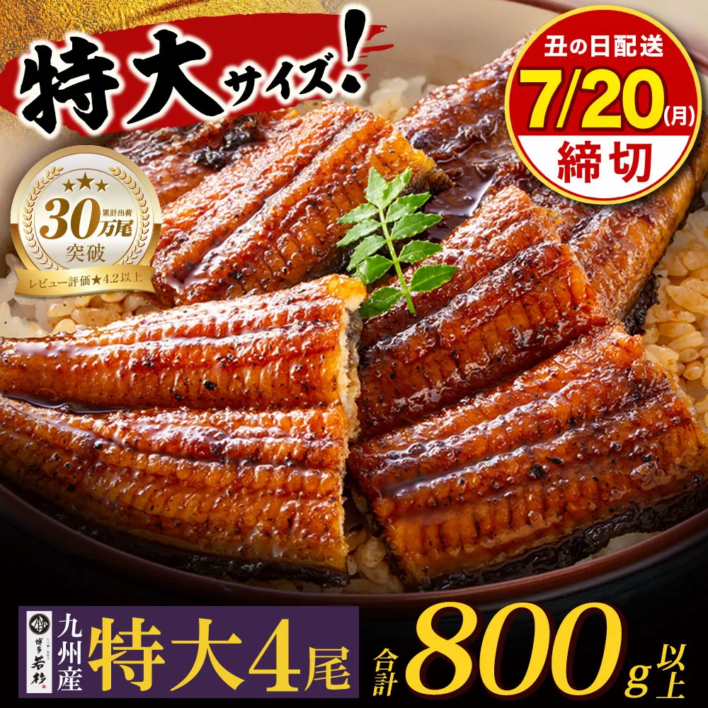 【丑の日】★申込7/20まで★ 国産うなぎ蒲焼特大サイズ4尾（計800g以上）鰻蒲焼用タレ・山椒付 うなぎ生産量日本一鹿児島県産・宮崎県産・熊本県産