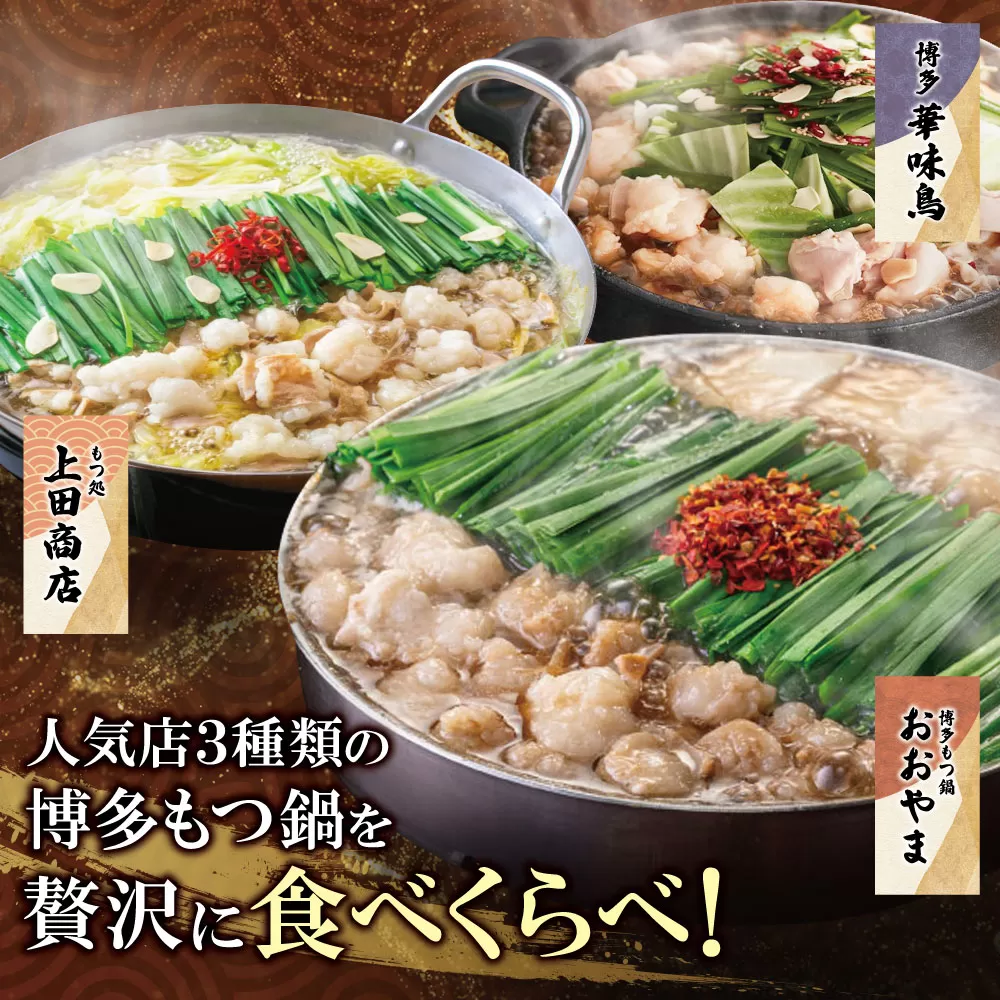 博多もつ鍋食べ比べ3種セット(醤油味2-4人前)【おおやま/2人前・上田商店/2人前・華味鳥/3-4人前】