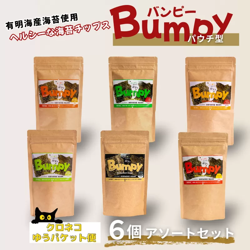有明海産海苔使用 ヘルシーな海苔チップス「Bumpy(バンピー)」パウチ型6個アソートセット【クロネコゆうパケット利用】 フードロス削減 SDGs 有明海苔 有明海産 海苔 味付け海苔 スナック おやつ おつまみ:B100-068