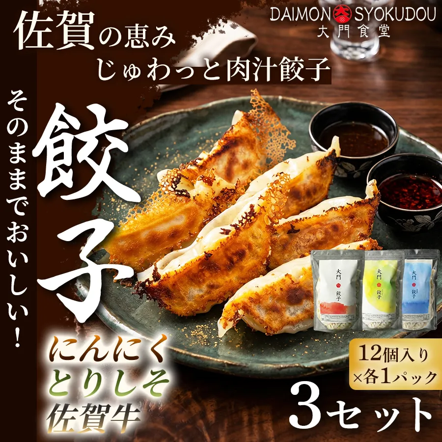 【1個28ｇで満足度大！】(12個入×各1P) にんにく餃子 とりしそ餃子 佐賀牛餃子 3セット　餃子 ぎょうざ にんにく とりしそ 佐賀牛 大粒 食べ応え 焼き餃子 蒸し餃子 揚げ餃子 冷凍餃子 おかず 手土産 ギフト 贈答用 佐賀県産：B355-010