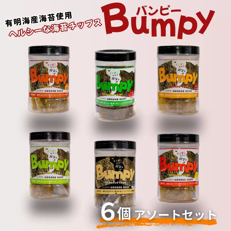 有明海産海苔使用 ヘルシーな海苔チップス「Bumpy（バンピー）」6個アソートセット フードロス削減 SDGs 有明海苔 有明海産 海苔 味付け海苔 スナック おやつ おつまみ：B125-015