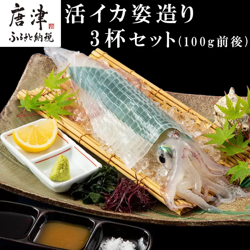 「鮮度抜群！捌きたて瞬間冷凍」活イカ姿造り(100g前後)サイズ3杯セット！格別な食感と甘みは日本一と名高い呼子の活イカ姿造りをご家庭で。