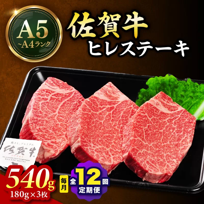 佐賀牛 ヒレステーキ 540g(180g×3枚)全12回 定期便 999-J2306
