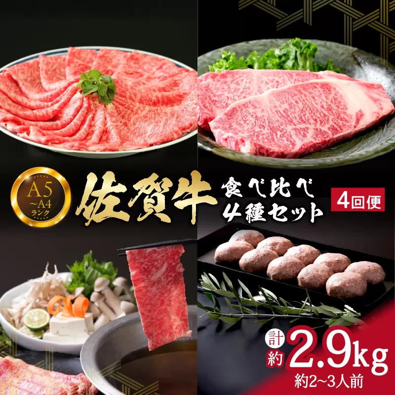【4ヶ月定期便】 佐賀牛 4種食べ比べセット 合計2.9kg (約2～3人前) サーロイン ロース ハンバーグ ステーキ しゃぶしゃぶ すき焼き 999-J664