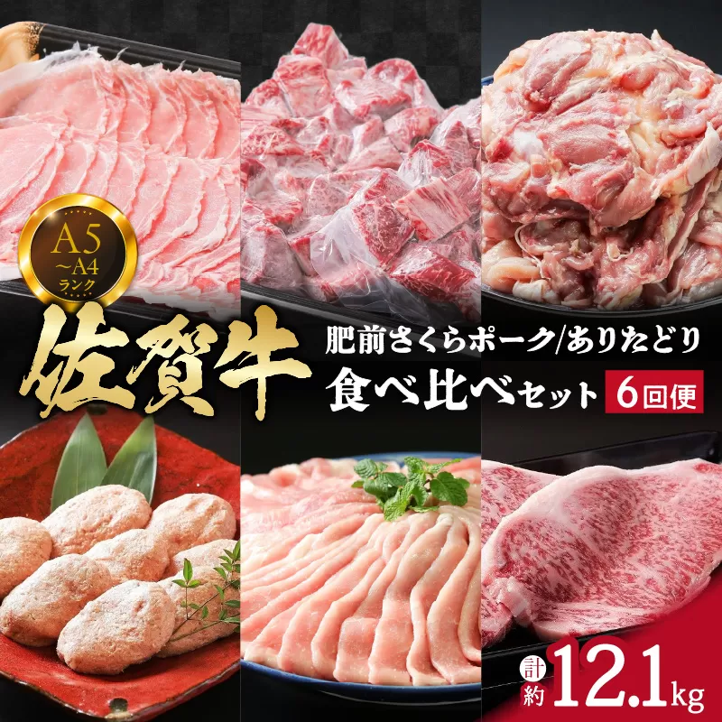 【6ヶ月定期便】佐賀牛 肥前さくらポーク ありたどり 食べ比べセット 計12.1kg ヒレ ロース モモ ハンバーグ ステーキ 999-J1972