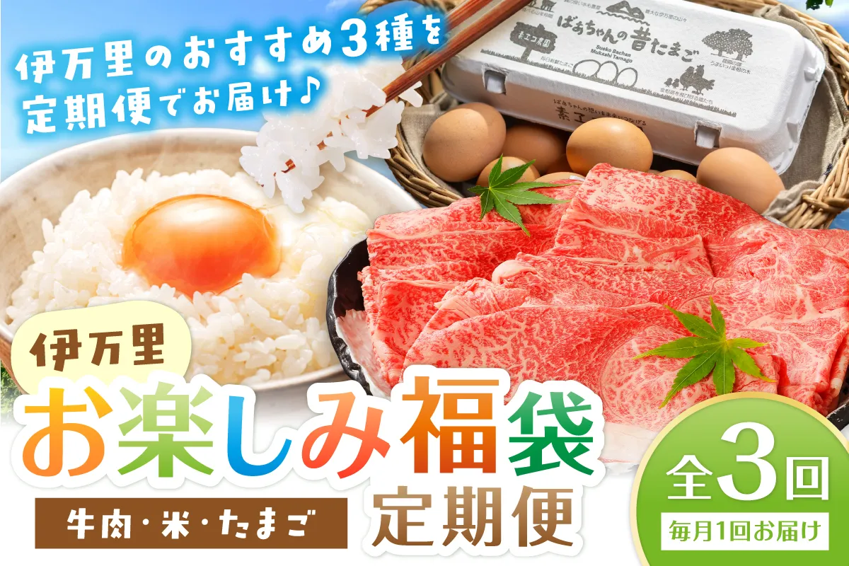 伊万里 お楽しみ福袋 定期便 全3回 牛肉 米 たまご【毎月発送コース】 999-E035