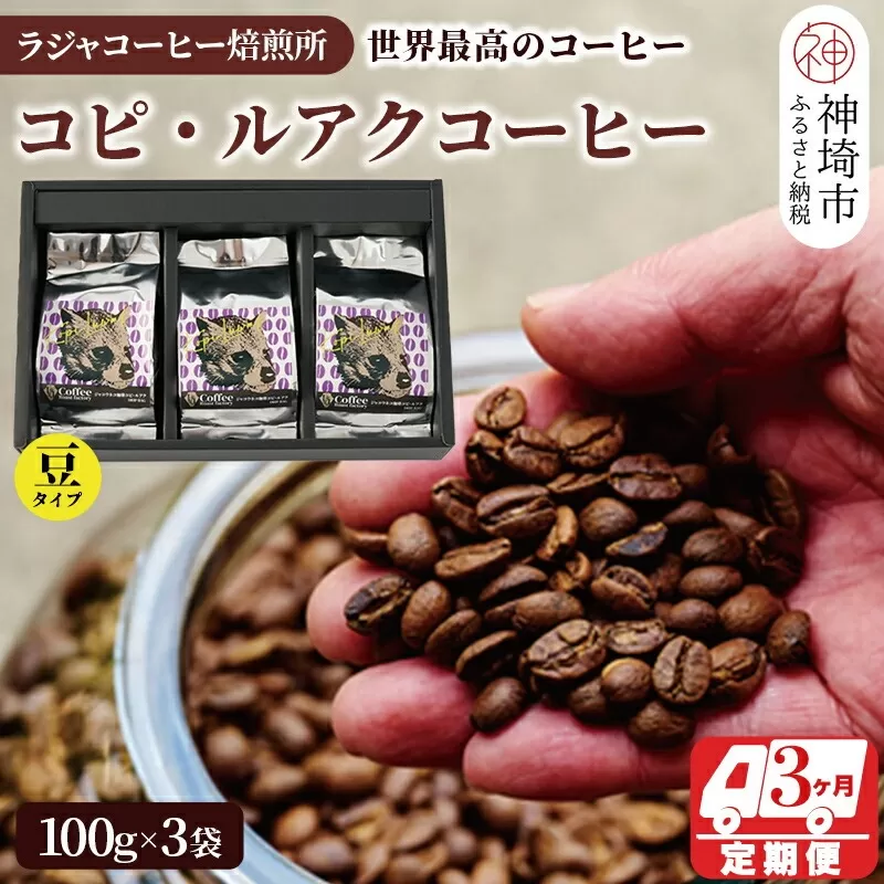 ジャコウネコ珈琲　コピ・ルアク 100g×3袋 合計300g【3回定期便】【最高級豆 幻のコーヒー】(H070106)