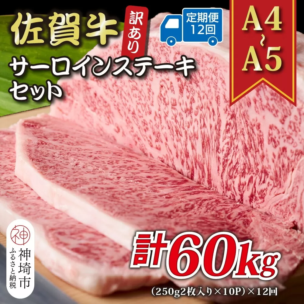 【12か月定期便】訳あり！【A4〜A5】佐賀牛サーロインステーキセット 5kg(250g2枚入り×10P)×12回【肉 牛肉 ブランド牛 黒毛和牛 ふるさと納税】(H112222)