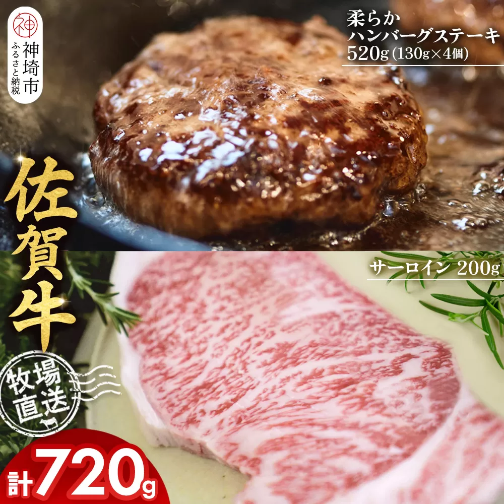 佐賀牛 サーロインステーキ200g×1枚計200g 柔らかハンバーグステーキ130g×4個計520g【佐賀牛 サーロイン ステーキ ハンバーグ 高級部位 赤身肉 霜降り】(H122129)