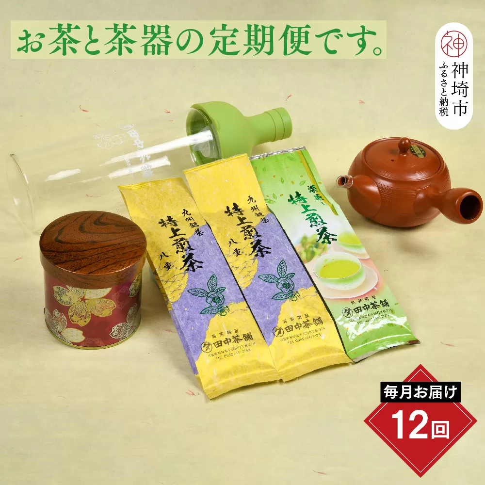 [毎月お届け12回]特上煎茶八重100g2本と季節の茶100g1本(急須付き) [定期便 九州 お茶 緑茶 急須 フィルターインボトル 定期便](H047113)