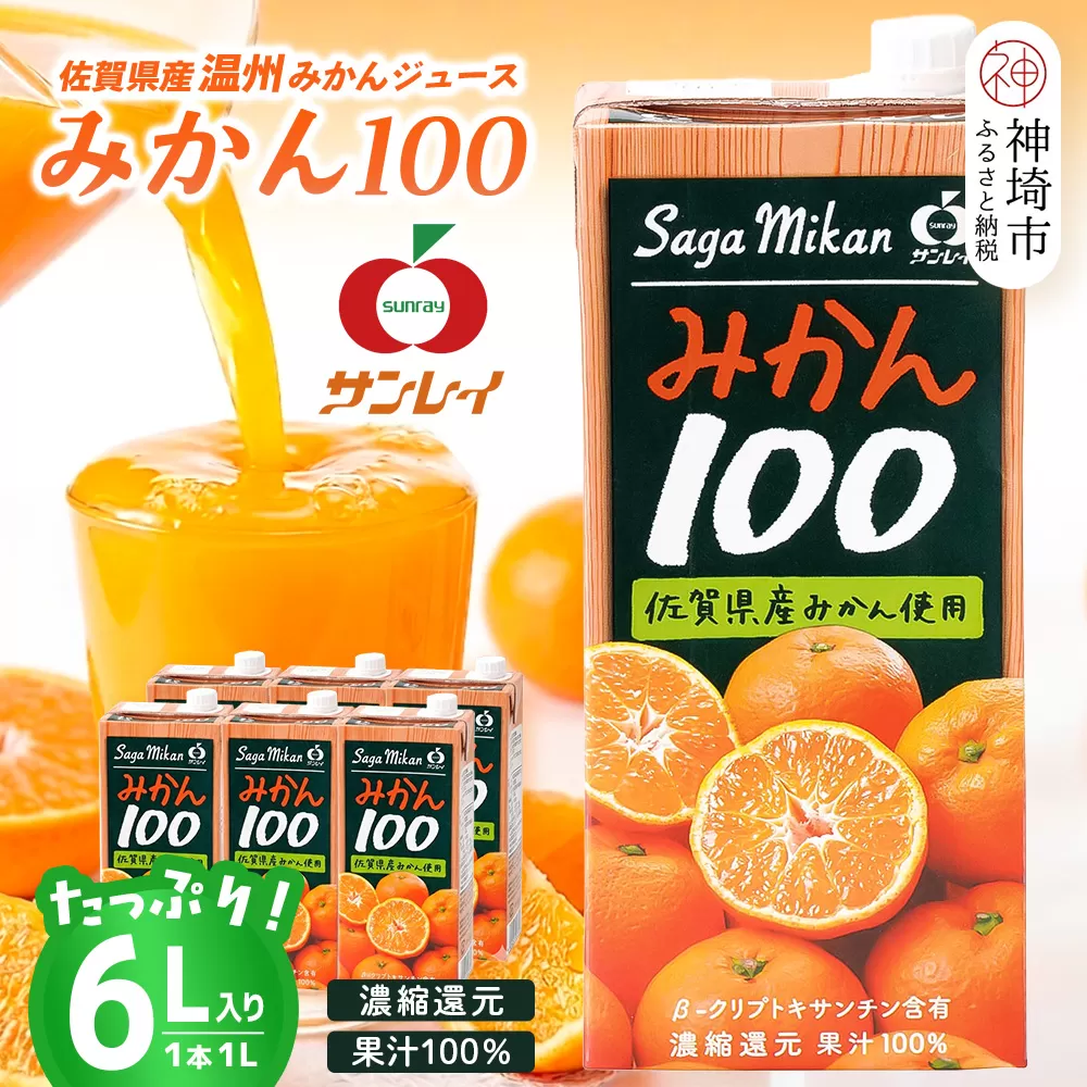 みかん100 1L×6本入り【みかんジュース 蓋付 天然 果汁100%】(H116234)