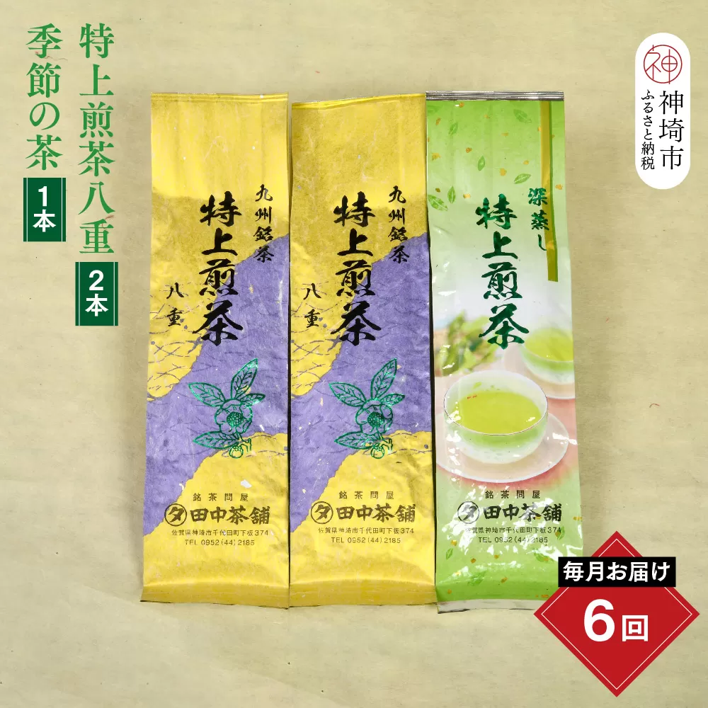 【毎月お届け6回】特上煎茶八重2本と季節のお茶1本(合計100g×3本)【田中茶舗 銘茶問屋 特上煎茶 八重 100g サエミドリ 甘い口当たり うま味 渋み 深み 九州】(H047120)