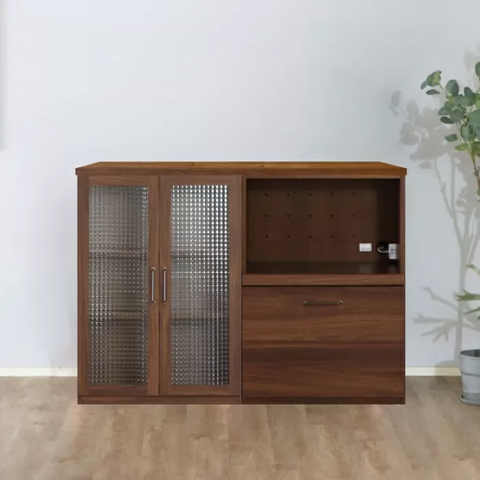 トラクト ガラス扉+OP引出+120天板 WN 【食器 キャビネット 家具 国産 組み合わせ 収納家具 完成品】(H060667)