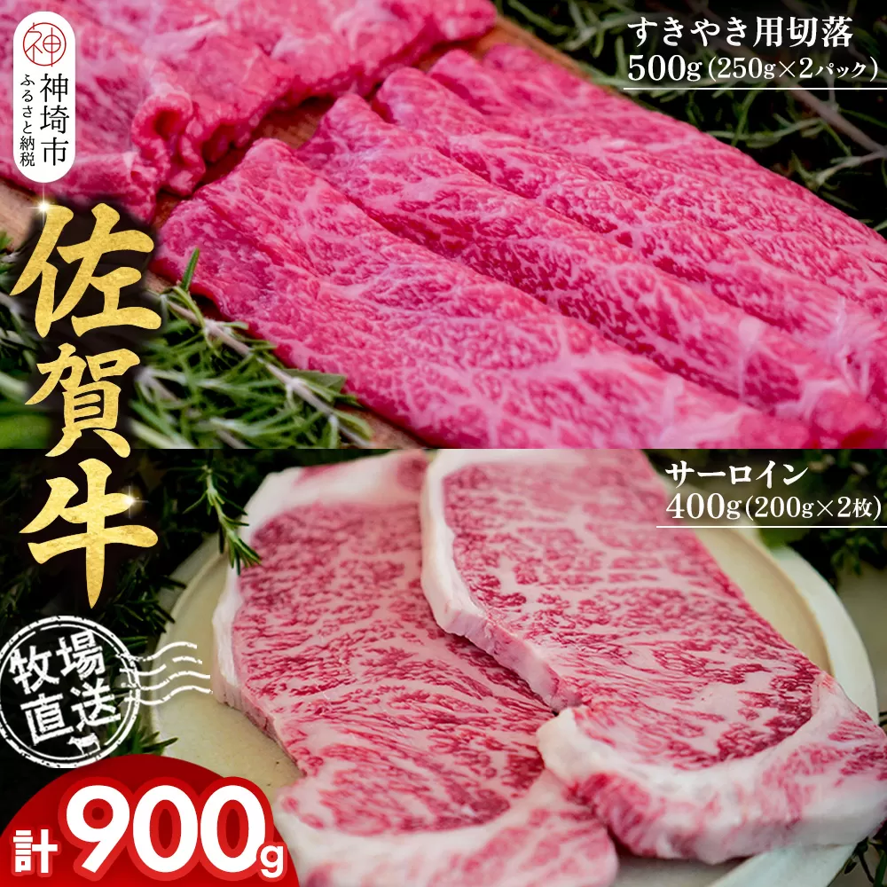 佐賀牛 サーロインステーキ200g×2枚計400g すきやき用切落250g×2パック計500g【佐賀牛 サーロイン ステーキ すきやき 切落し 高級部位 赤身肉 霜降り 小分け】(H122125)