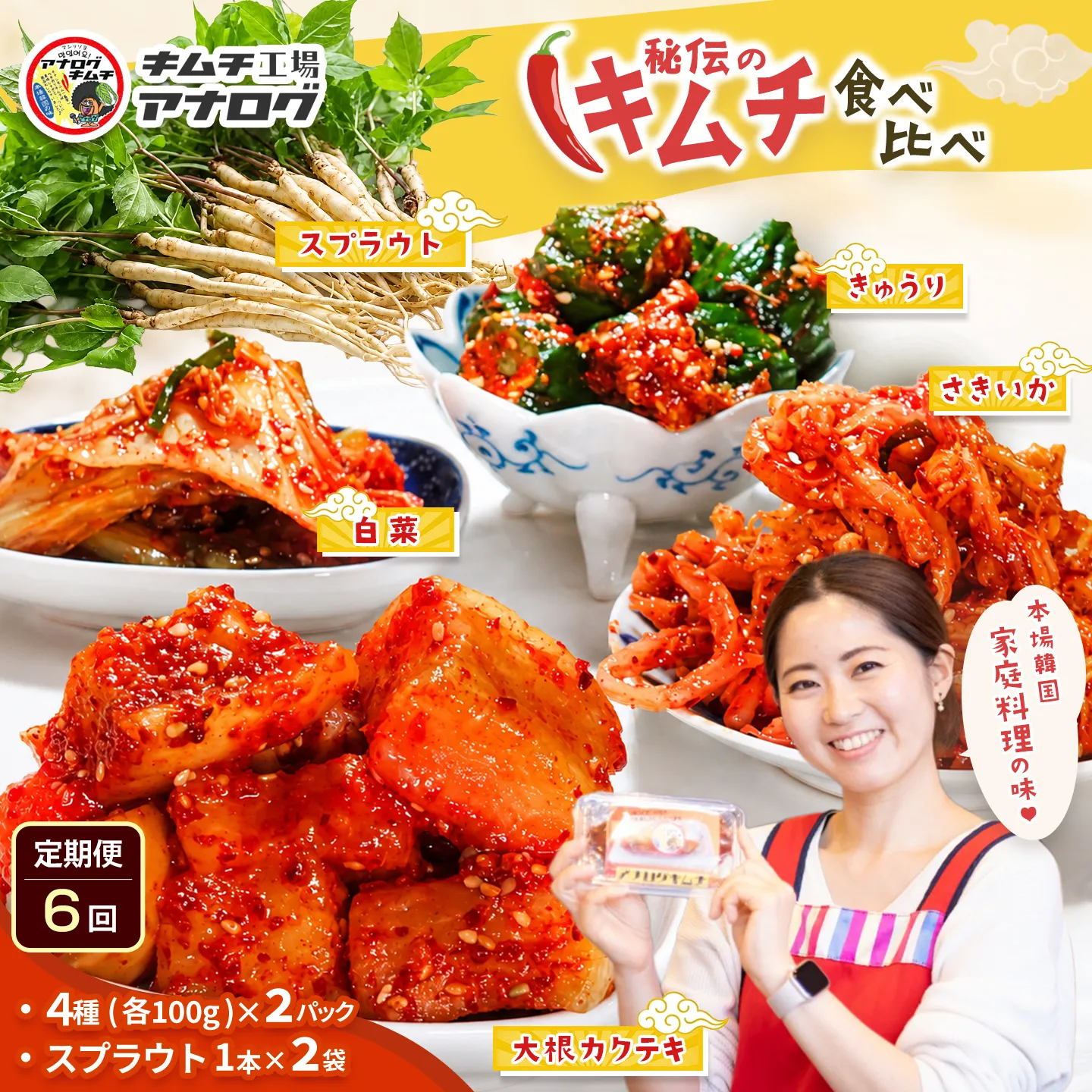 【6カ月定期便】5種の本格キムチ食べ比べ 4種のキムチ(各100g×2パック)＋スプラウトキムチ(1本入り×2袋)【熟成秘伝 きゅうり 大根 カクテキ さきいか 白菜 キムチセット 国産 手づくり 発酵食品 ご飯のお供 詰め合わせ 九州産 手作り】(H104268)
