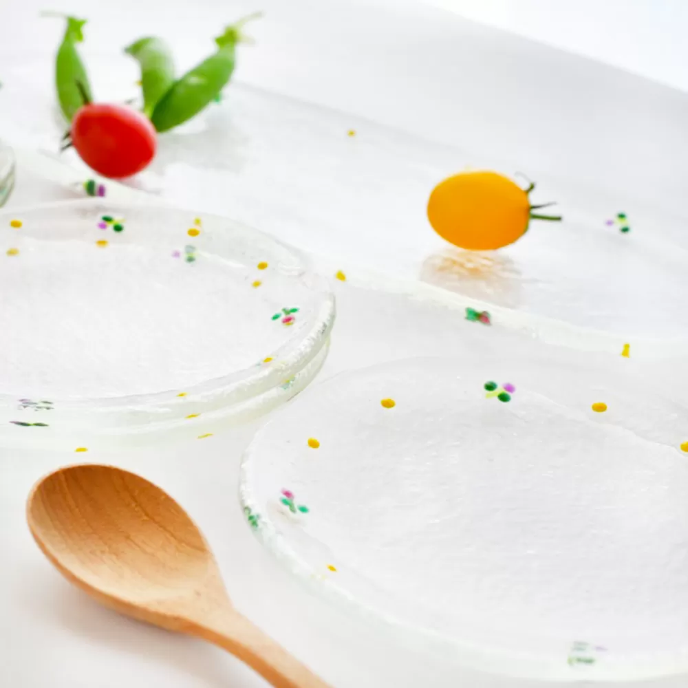 小花舞う器 ガラスの長皿・小丸皿5枚の6点セット【ガラス皿 デザート フルーツ アイス ドット 取り皿 かわいい さわやか プレゼント セット お祝 贈り物】K003109