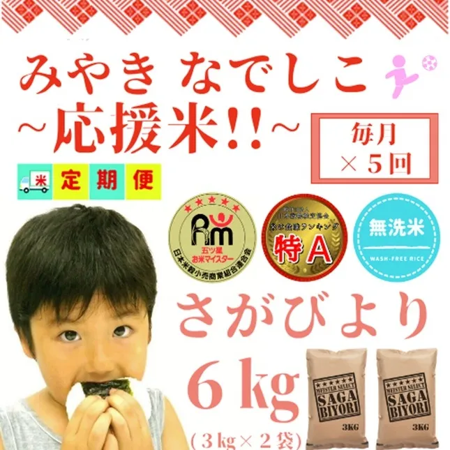 CIC89_【みやきなでしこ】応援米【５回定期便】【無洗米】さがびより６kg（３kg×２袋） 【五つ星お米マイスター厳選！】
