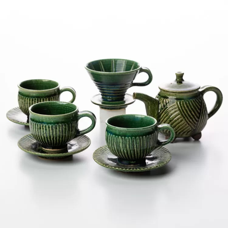 コーヒー陶器 ドリッパー コーヒーポット&ドリッパー8点セット コーヒーカップ3個 ソーサー3個 織部釉 [抱星窯 長崎県 東彼杵町 hs42bag390005] コーヒー 陶器 土物 グリーン 濃緑