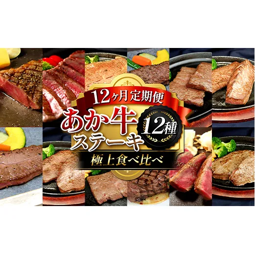 FK7-0263_【12ヶ月定期便】あか牛ステーキ12種 極上食べ比べ 牛肉 あか牛 ステーキ 食べ比べ 冷凍 九州 熊本県 熊本 嘉島 定期便