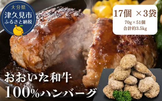 おおいた和牛ハンバーグ おおいた和牛100% ハンバーグ 約70g×51個 合計約3.5kg | 和牛ハンバーグ ハンバーグステーキ 豊後牛ハンバーガー 豊後牛 惣菜 レンチンハンバーグ 温めるだけ 冷凍 小分け 肉 牛 簡単調理 津久見市