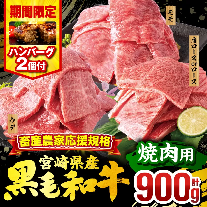 【期間・数量限定】畜産農家応援！宮崎県産 黒毛和牛 焼肉3種セット(肩ロースorロース・ウデ・モモ 各300g)・国産牛ハンバーグ100g×2個_M132-030-PU-B2
