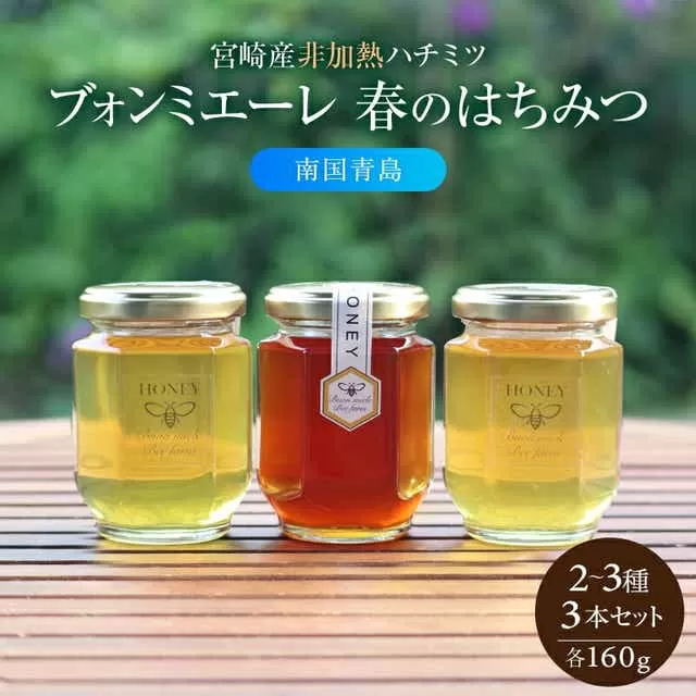 [最速便][数量・期間限定]宮崎産非加熱ハチミツ(南国青島シリーズ)2〜3種 ブォンミエーレ春のハチミツ160g×3本セット_M085-002_01