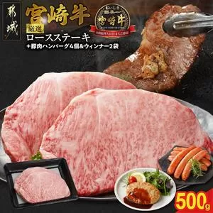 畜産農家応援! 宮崎牛ロースステーキ2枚 計500g+豚肉ハンバーグ&ウィンナー_16-N203-ESHW-CF