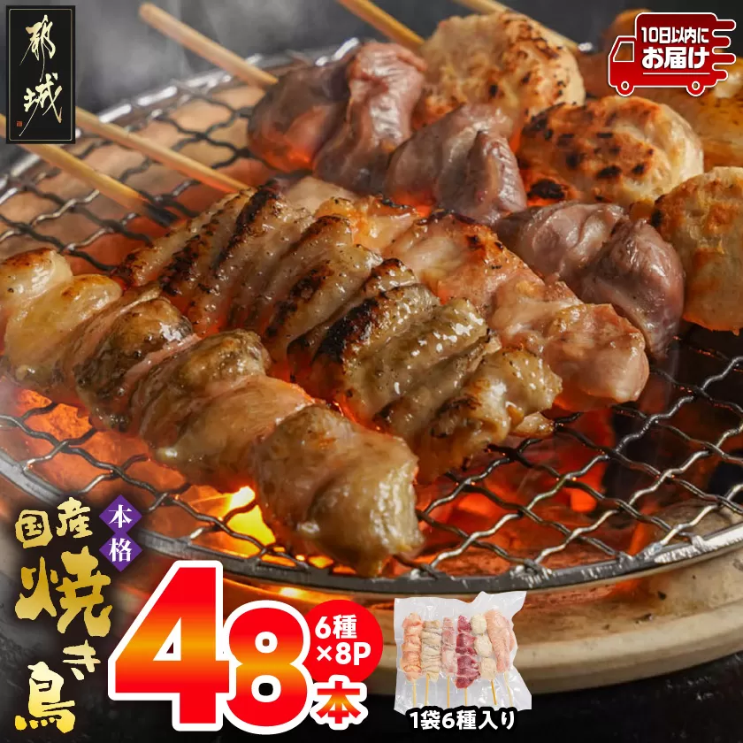 職人串打ちの本格焼き鳥48本!!≪みやこんじょ特急便≫_12-3307-Q_(都城市) 焼鳥串 生冷凍串 冷凍生肉 もも 皮 手羽 小肉 砂肝 ぼんじり ねぎま ハラミ せせり つくね ふりそで 6本入り 8P 計1.6kg BBQ 鶏肉 国産 小分け