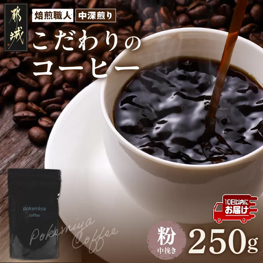 焙煎職人こだわりのコーヒー【粉】250g 小分けパック(ジッパー・バルブ付) ※中深煎り※ポスト投函≪みやこんじょ特急便≫_LA-3302-Q  _(都城市) コーヒー粉 250g×1パック 少量パック ジッパー・バルブ付き 保存に便利 ポスト投函 珈琲 選べる コーヒー インドネシア ブラジル コロンビア 宮崎県 都城市