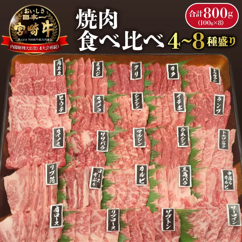 宮崎牛焼肉食べ比べ4種～8種盛り 合計800g　N0140-YC523
