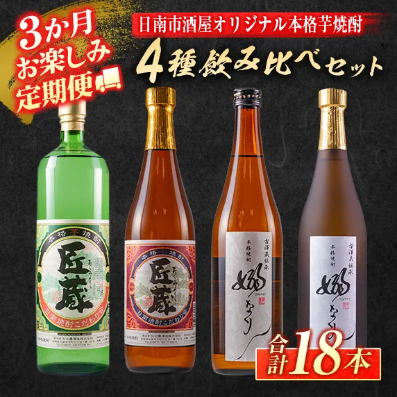 3か月 お楽しみ 定期便 日南市 酒屋 オリジナル 本格 芋焼酎 4種 飲み比べ セット 合計18本 アルコール 飲料 国産 お酒 匠蔵 嫋なり 松の露酒造 古澤醸造 おすすめ 呑み比べ 晩酌 家呑み 宅呑み お祝い ご褒美 記念日 お取り寄せ お土産 宮崎県 送料無料_J13-26