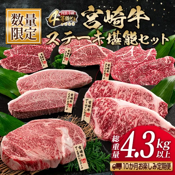 数量限定 10か月 お楽しみ 定期便 宮崎牛 ステーキ 堪能 セット 総重量4.3kg以上 ミスジ モモ ロース ランプ イチボ ヒレ 希少 厚切り 牛肉 国産 黒毛和牛 ミヤチク 食品 おかず 高級 ご褒美 ブランド牛 お祝 人気 おすすめ 宮崎県 日南市 送料無料_UA1-25