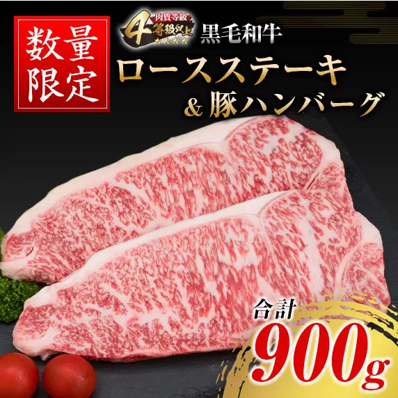 数量限定 黒毛和牛 ロース ステーキ 250g × 2枚 豚肉 ハンバーグ 100g × 4個 合計900g 牛肉 ビーフ ポーク 国産 ミヤチク 簡単調理 BBQ おかず お弁当 おつまみ 焼肉 鉄板焼き 食品 人気 おすすめ お取り寄せ グルメ 詰め合わせ 宮崎県 日南市 送料無料_DA41-25