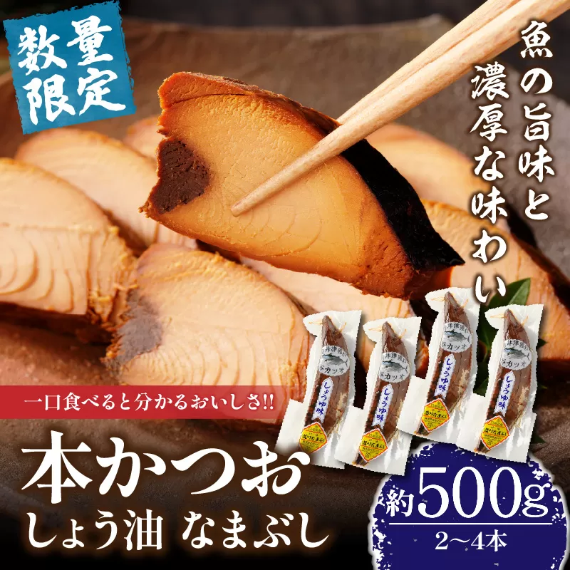 ＼一口食べると分かるおいしさ!!／数量限定 本かつお しょう油 なまぶし 約500g 2～4本 食品 加工品 国産 真空パック おすすめ 鰹 生ぶし 生節 おかず おつまみ サラダ ギフト プレゼント 贈り物 贈答 お取り寄せ おすそ分け 宮崎県 日南市 送料無料_AA63-24