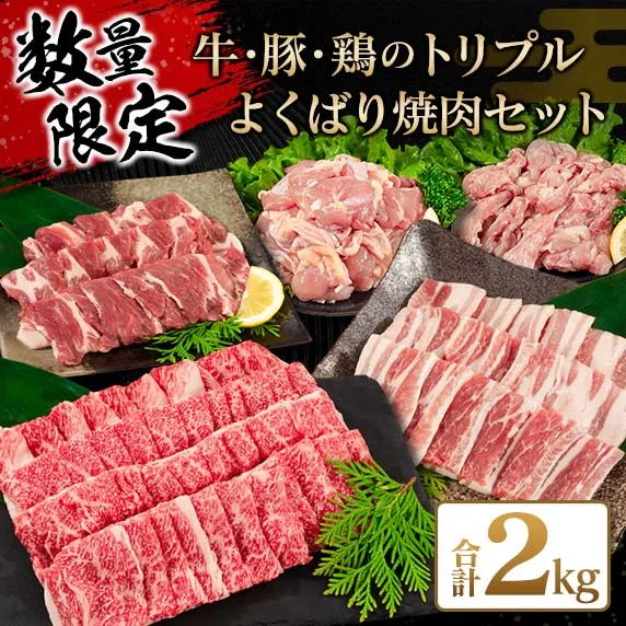数量限定 牛肉 豚肉 鶏肉 トリプル よくばり 焼肉 セット 合計2kg 宮崎牛 ブランド牛 黒毛和牛 国産 食品 高級 贅沢 ご褒美 お祝 人気 おすすめ おかず お弁当 BBQ キャンプ グランピング お取り寄せ グルメ 詰め合わせ 大容量 宮崎県 日南市 送料無料_CB101-25