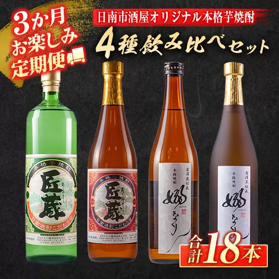 3か月 お楽しみ 定期便 日南市 酒屋 オリジナル 本格 芋焼酎 4種 飲み比べ セット 合計18本 アルコール 飲料 国産 お酒 匠蔵 嫋なり 松の露酒造 古澤醸造 おすすめ 呑み比べ 晩酌 家呑み 宅呑み お祝い ご褒美 記念日 お取り寄せ お土産 宮崎県 送料無料_IF2-22
