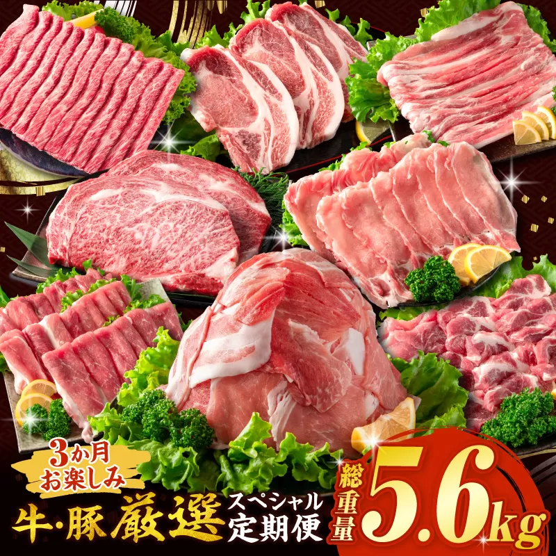 3か月 お楽しみ 牛 豚 厳選 スペシャル 定期便 総重量5.6kg 肉 牛肉 宮崎牛 肩ウデ ロースステーキ 豚肉 6種 盛り合わせ セット 豚ロース 豚バラ 小間切れ すき焼き しゃぶしゃぶ 黒毛和牛 A4 A5 和牛 国産 食品 牛丼 薄切り おすすめ ミヤチク 宮崎県産 日南市 送料無料_HE8-25